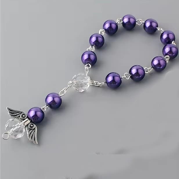 Purple Angel Wing Baptism Bracelet with rosary-style beads