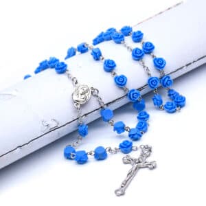 Blue Rose Baptism Rosary Necklace with Mary Cross Detail, Baptism Gifts商品图片 2