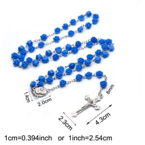 Blue Rose Baptism Rosary Necklace with Mary Cross Detail, Baptism Gifts商品图片 3