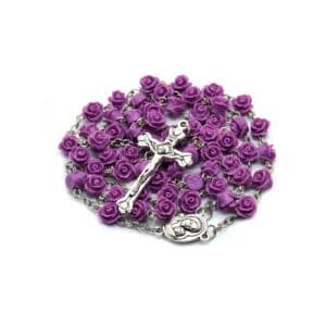 Purple Rose Rosary Necklace with Mary Cross, Baptism Gifts商品图片 3