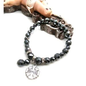 Jerusalem Cross Pendant Bracelet with black-toned pendant and dark accents
