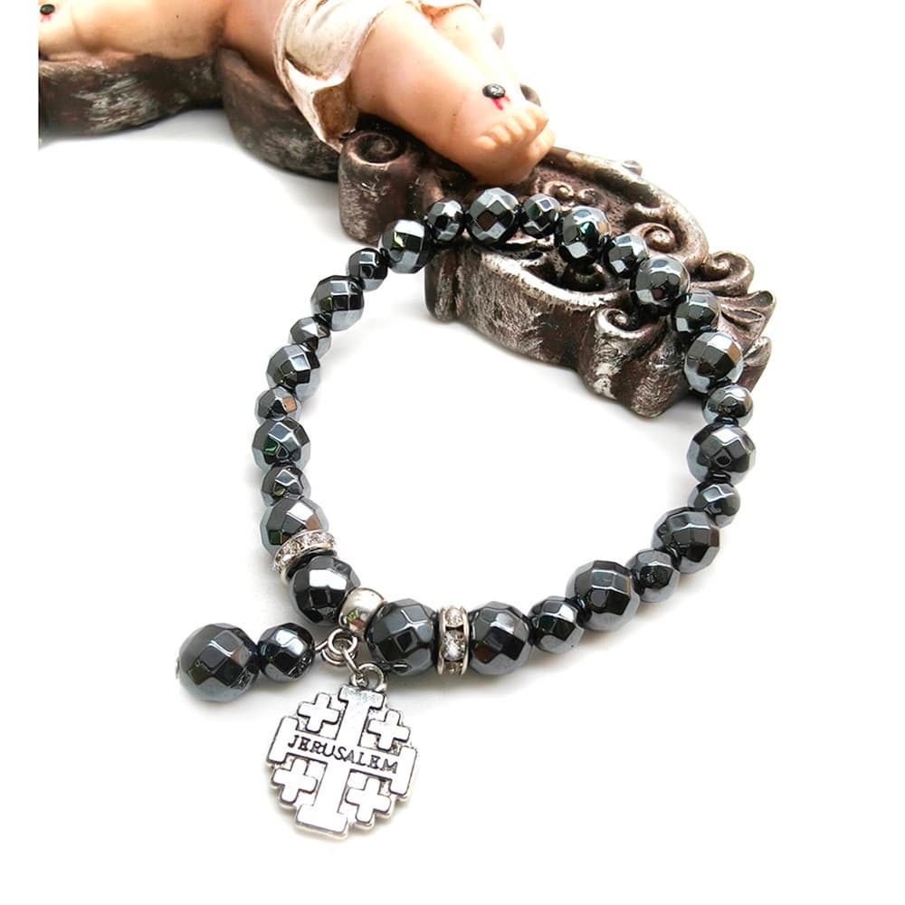 Jerusalem Cross Pendant Bracelet with black-toned pendant and dark accents