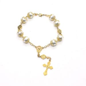 Gold-Tone Cross Rosary Bracelet with Pearl-Look Beads, Bracelets商品图片 2