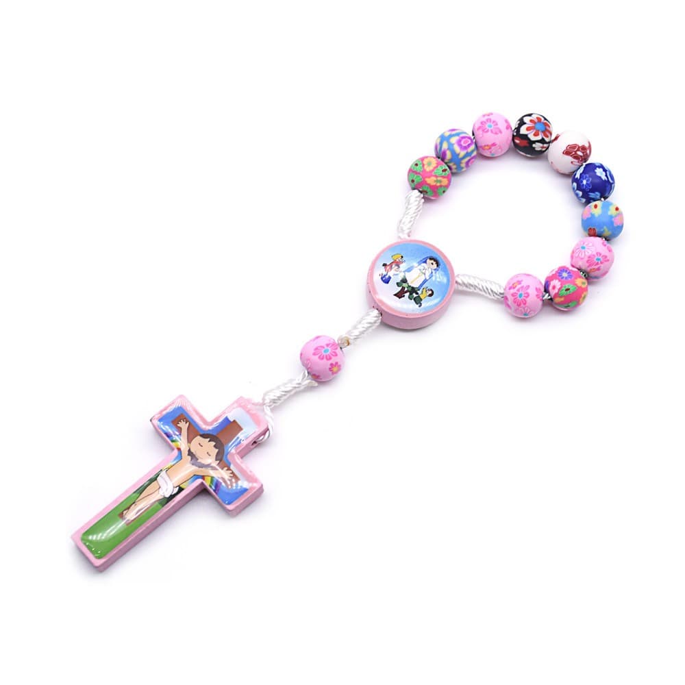 Colorful Children's Rosary Bracelet with multicolor beads and cross detail