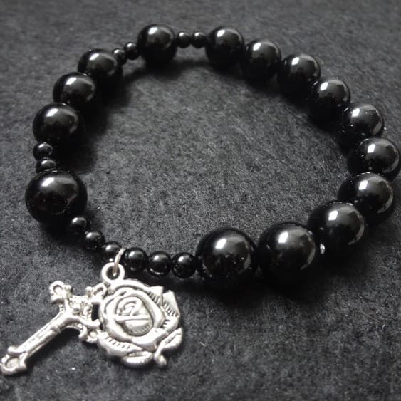 Black Rosary Cross Bracelet with dark beads and cross accent