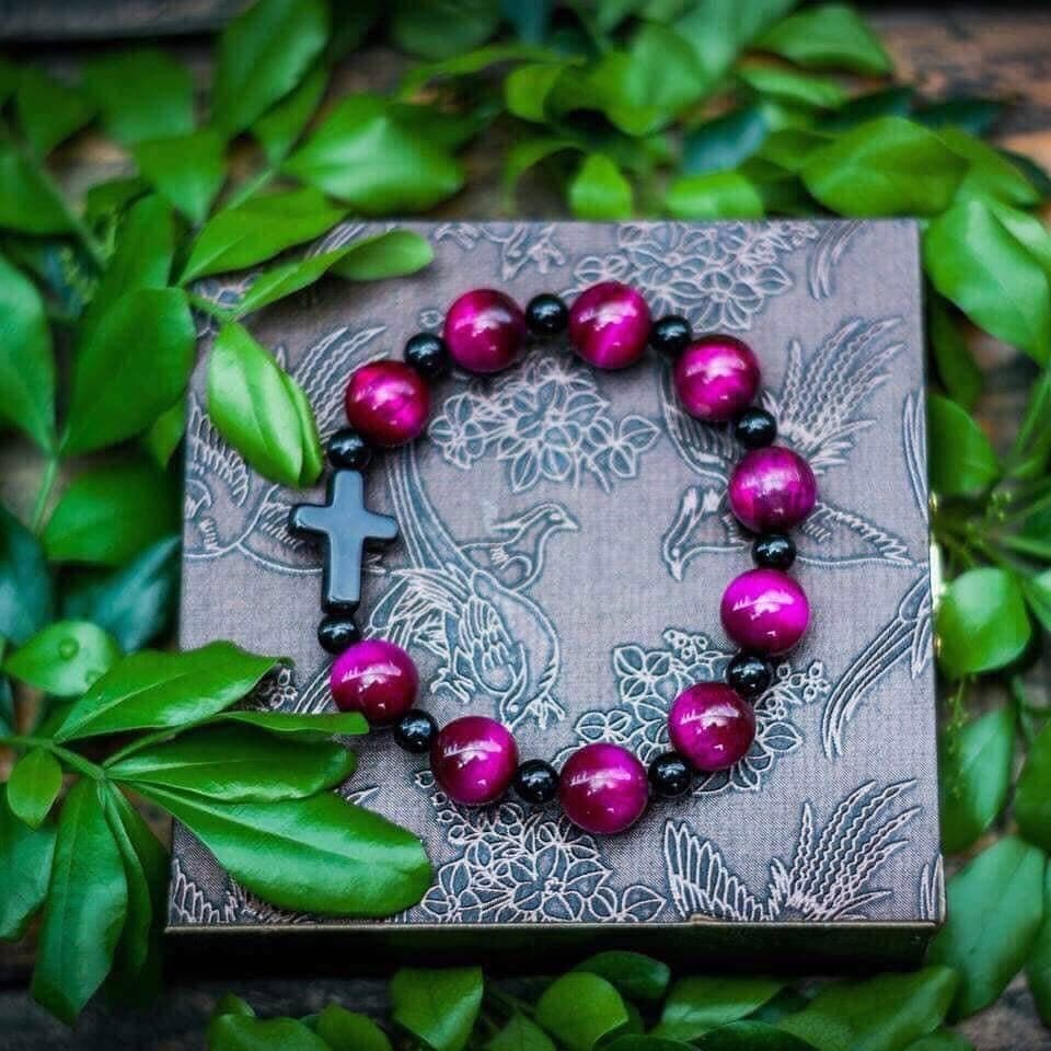 Rose Red Cross Bead Bracelet with rose-red beads and cross accent