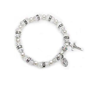 White Cross Stretch Beaded Bracelet with white beads and cross detail