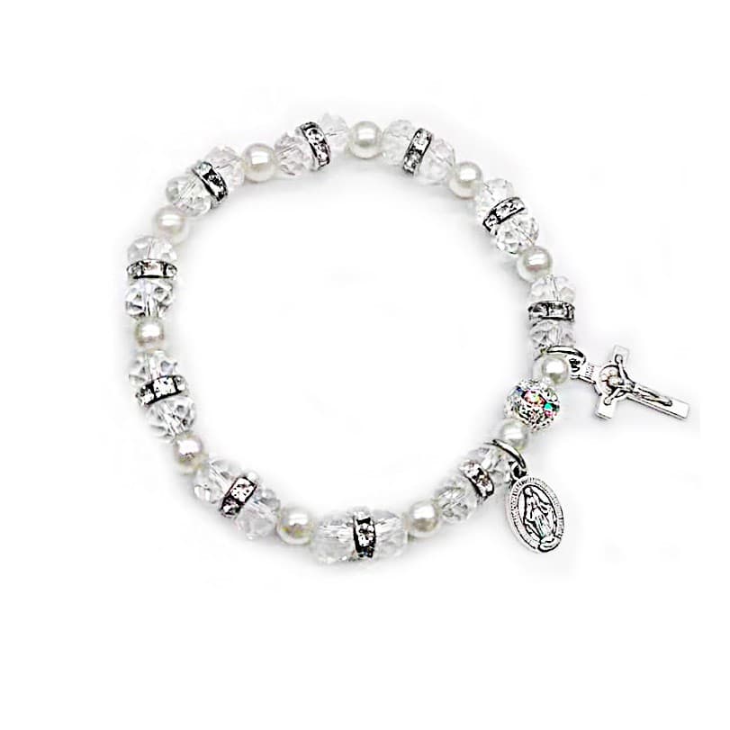 White Cross Stretch Beaded Bracelet with white beads and cross detail