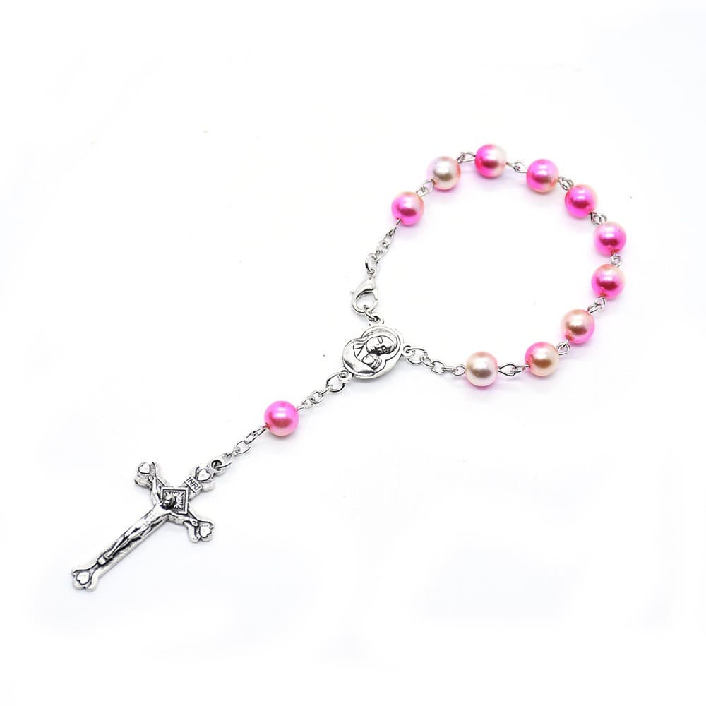Blue Pink Cross Bead Bracelet with iridescent royal-blue and pink beads