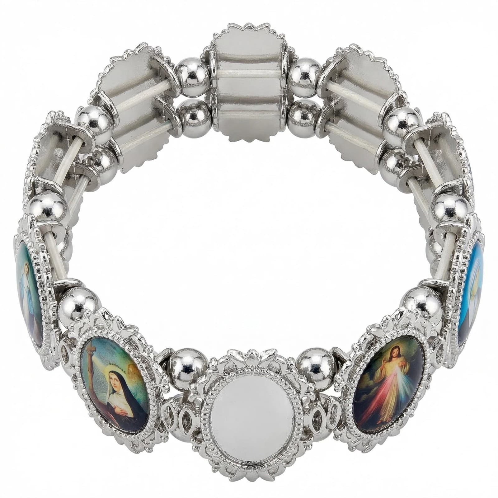 Silver Tone Portrait Bead Bracelet with portrait-image bead detail