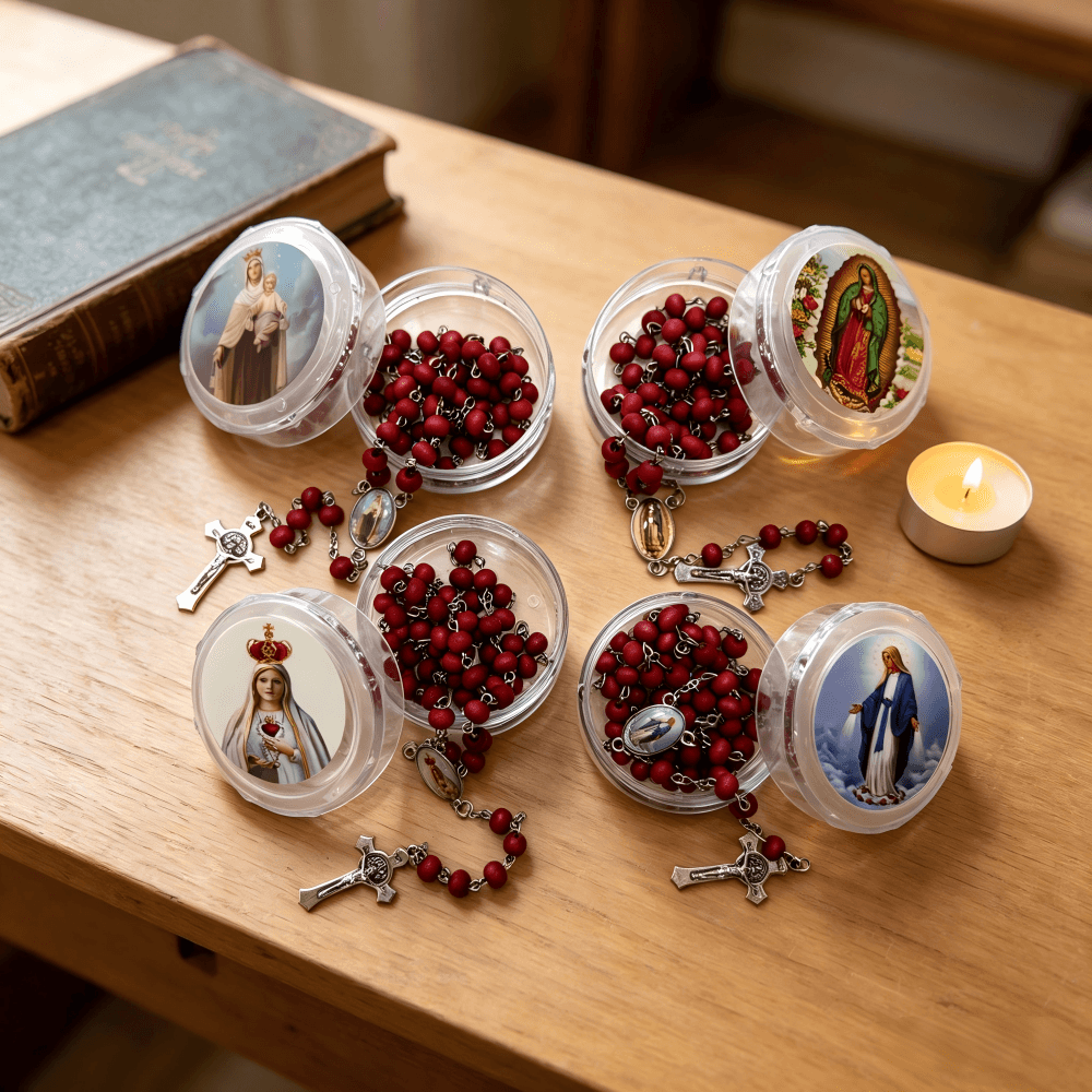 Burgundy Scented Rosary Necklace Gift Set with four individually boxed rosary necklaces