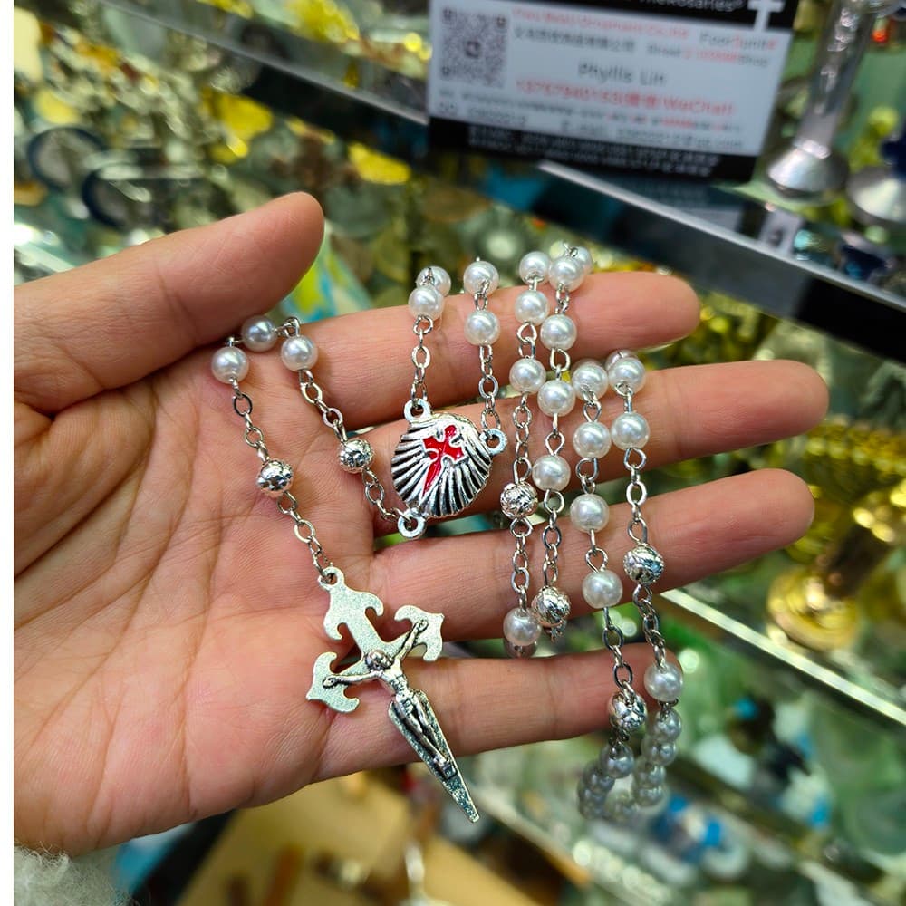 Vintage Pearl-Look Cross Rosary Necklace with pearl-look beads and cross pendant