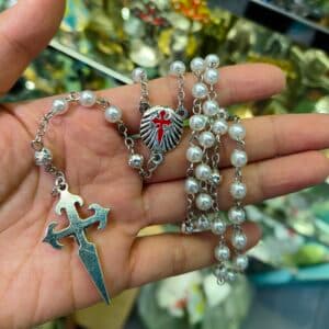 Vintage Pearl-Look Cross Rosary Necklace, Rosaries商品图片 3