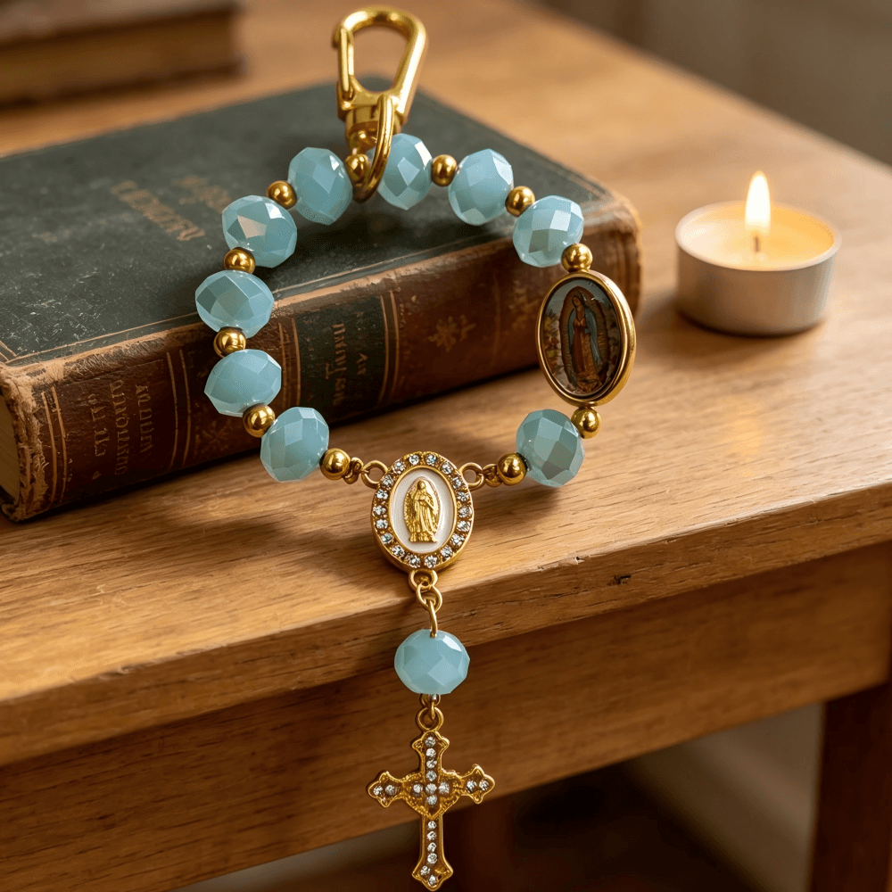 Blue Faceted Our Lady of Guadalupe Rosary Keychain with blue faceted beads