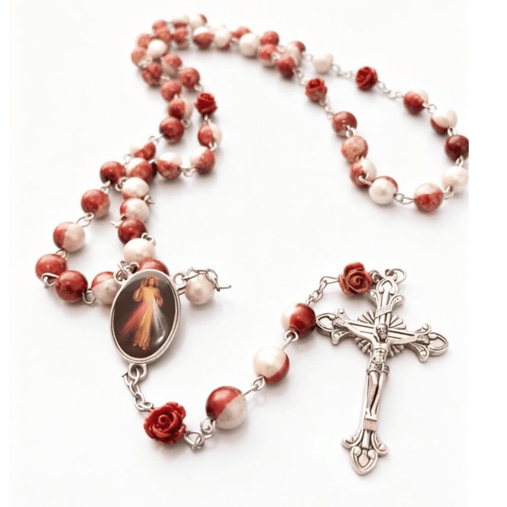 red cross rosary necklace with contrasting bead detail