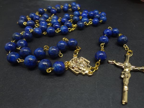 Golden Blue Cross Rosary Necklace with blue beads and golden cross