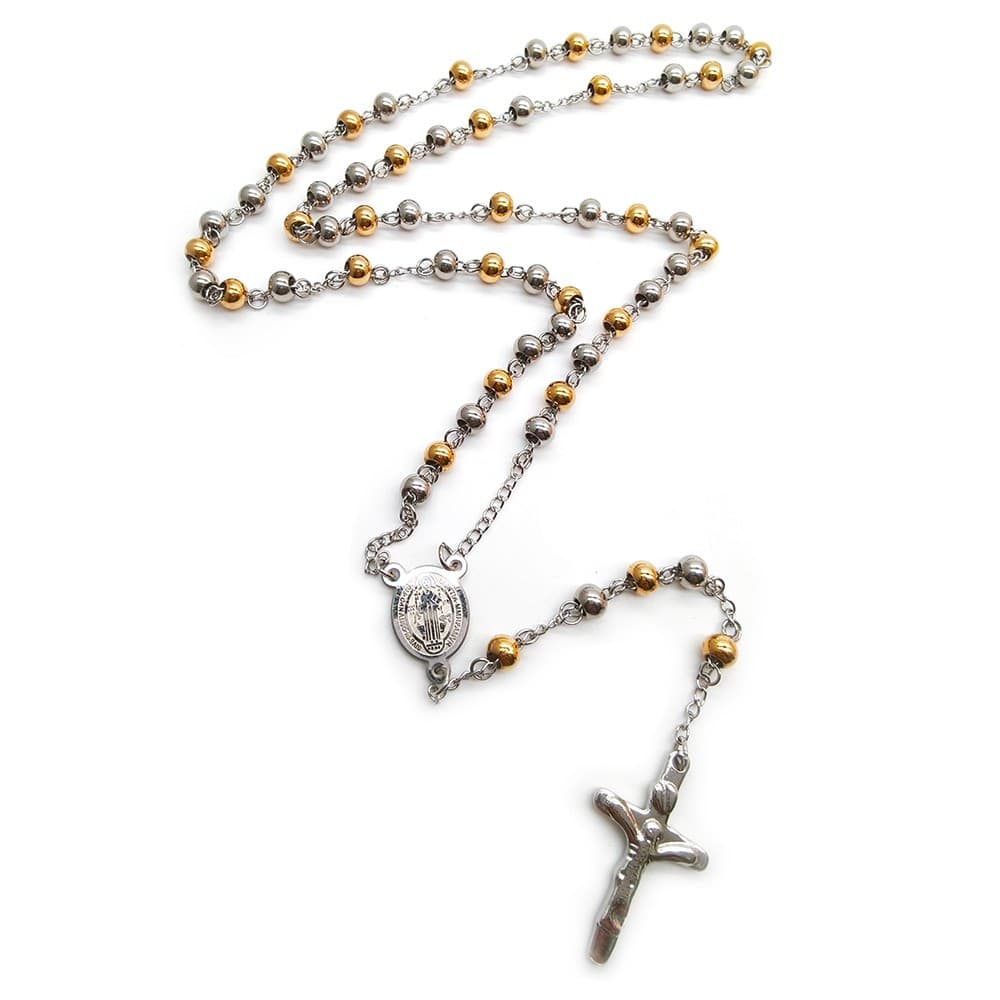 Gold and Silver Tone Rosary Necklace with cross detail
