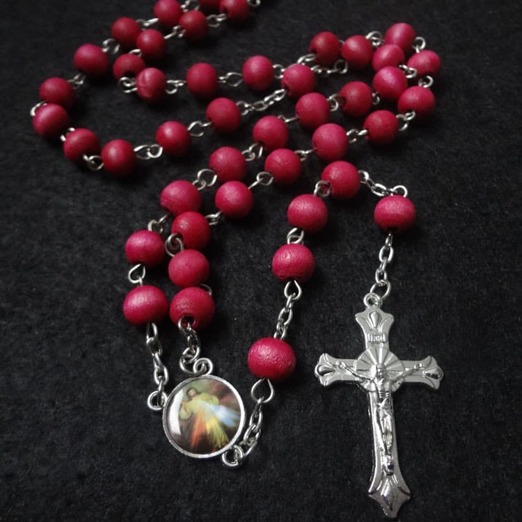 Burgundy Cross Rosary Necklace with beaded necklace styling