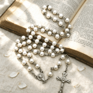 Hot Sale 8mm Gold Pearl Rosary Necklace Virgin Mary Rosary Bead Cross Necklace for Men And Women, Rosaries product image