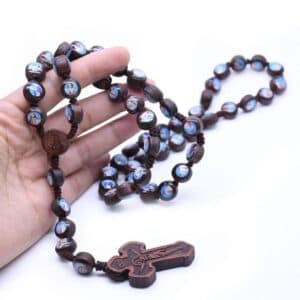 Custom Name Necklace Religious Catholic Christ Rosary Wood Beads Cross Pendant Necklace, Rosaries product image 2