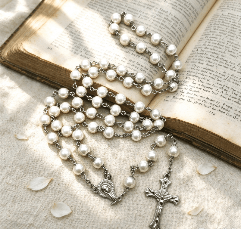 Hot Sale 8mm Gold Pearl Rosary Necklace Virgin Mary Rosary Bead Cross Necklace for Men And Women, Rosaries商品图片