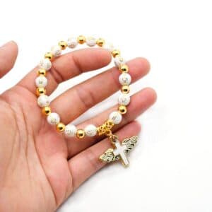 Angel Cross Baptism Bracelet with Rose Beads, Baptism Gifts product image 3