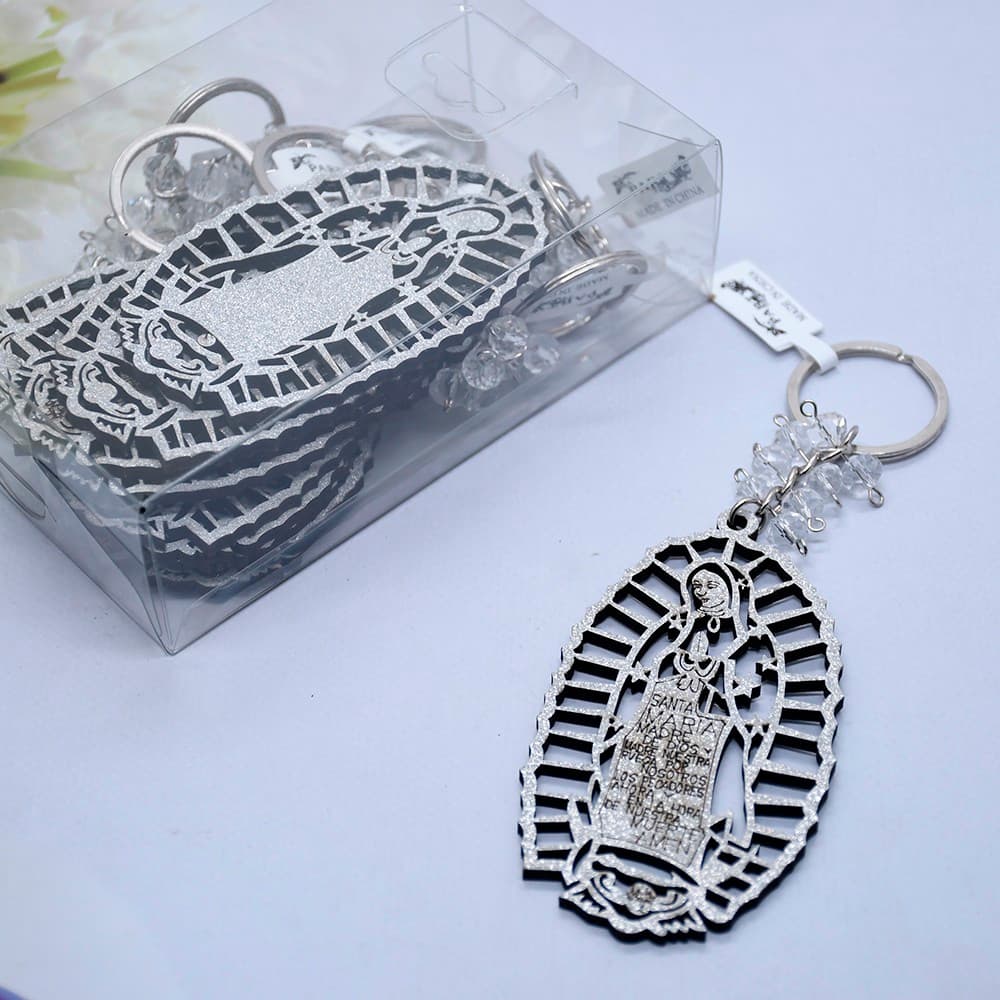Guadalupe Baptism Keychain with gold and silver glitter details