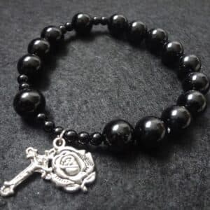 Black Rosary Cross Bracelet with dark beads and cross accent