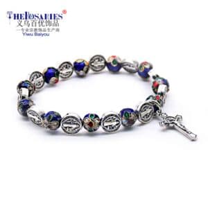 Saint Benedict Blue Cord Bracelet with decorative blue beads and cross accent