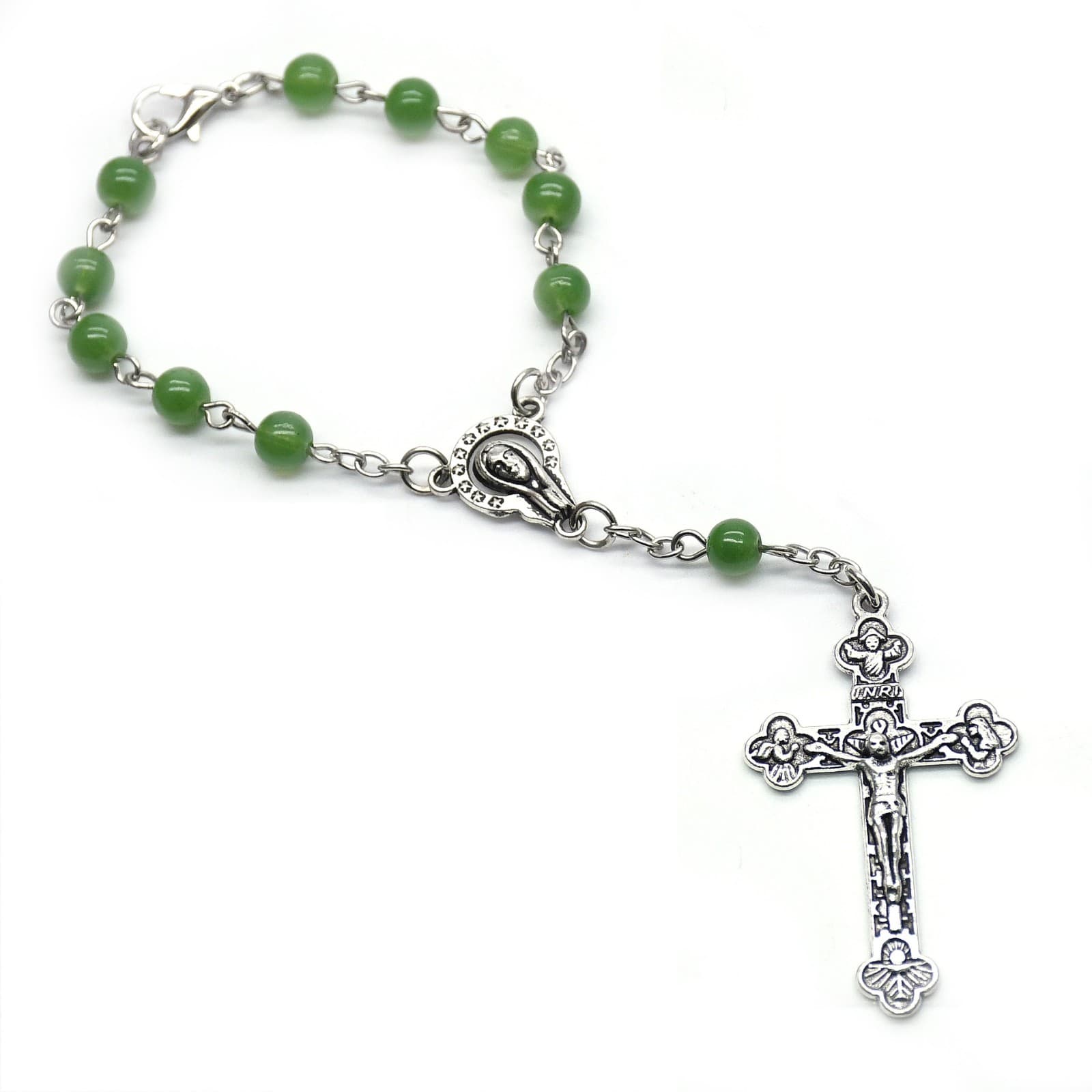 Green Vintage Cross Rosary Bracelet with green rosary-style beads and cross detail