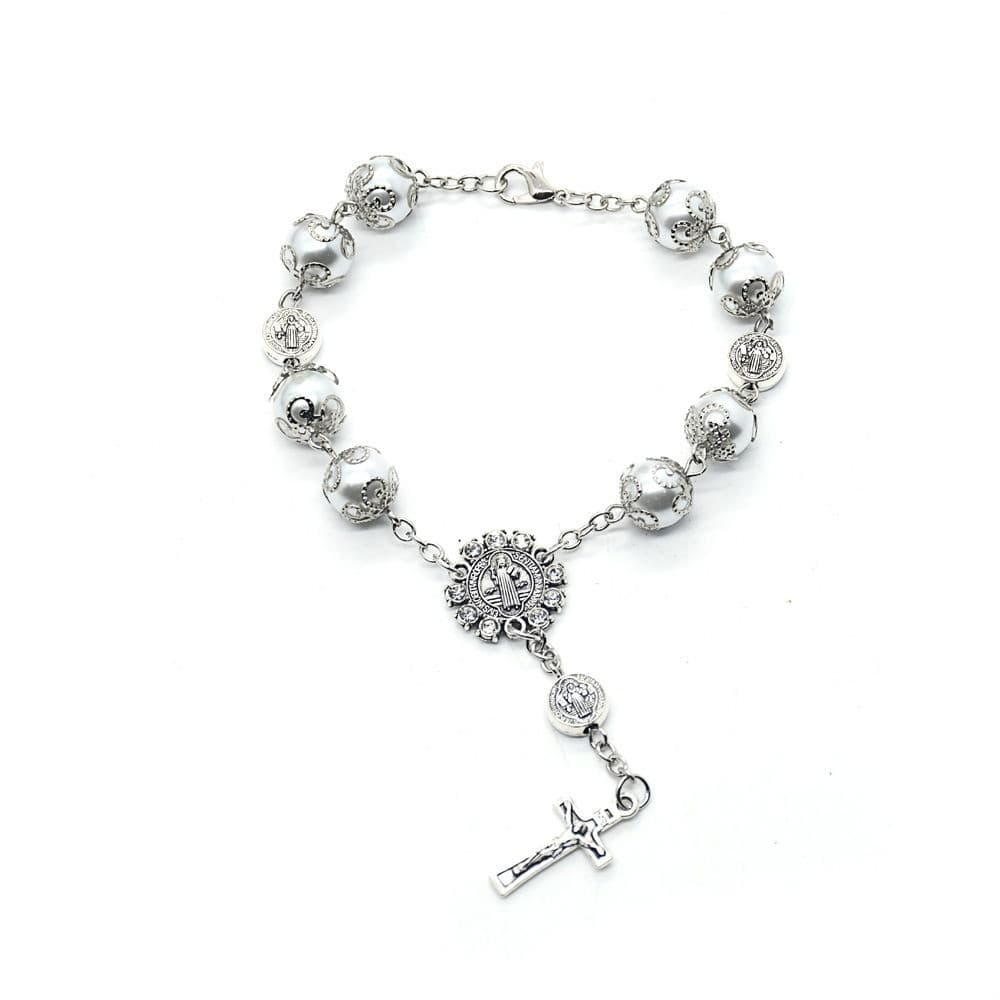 Eleven-Bead Cross Rosary Bracelet with floral accent for baptism