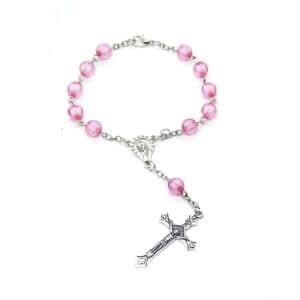 Pink Cross Rosary Baptism Bracelet with pink beads and cross accent