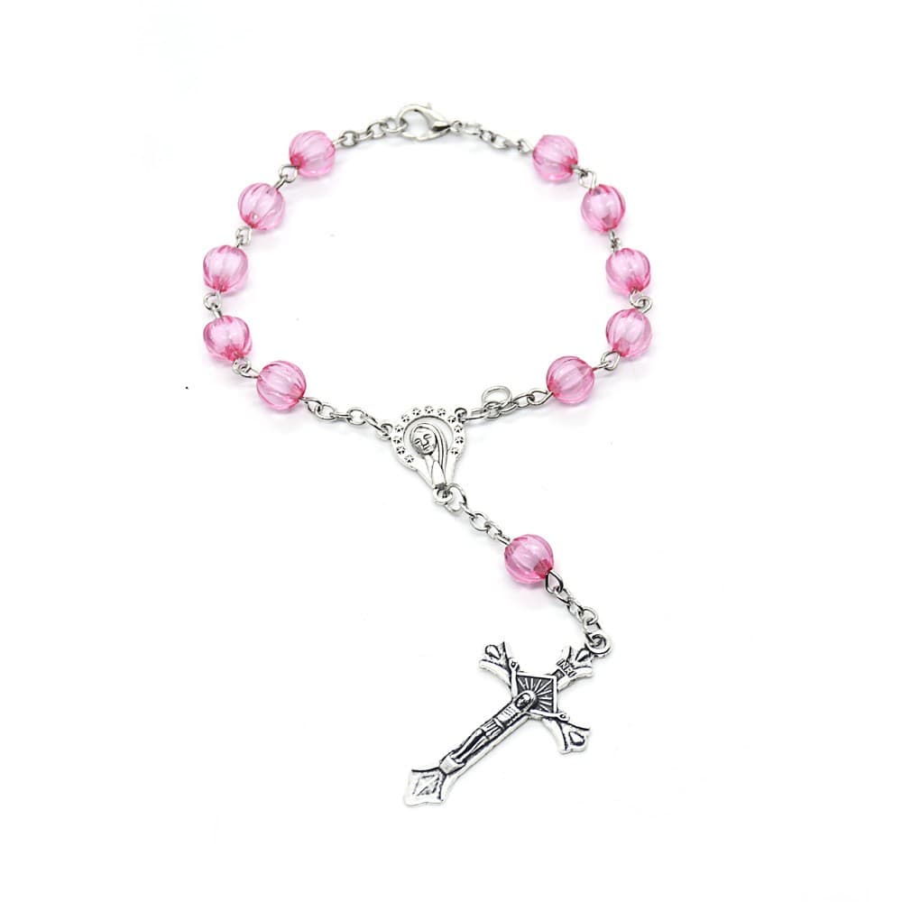 Pink Cross Rosary Baptism Bracelet with pink beads and cross accent