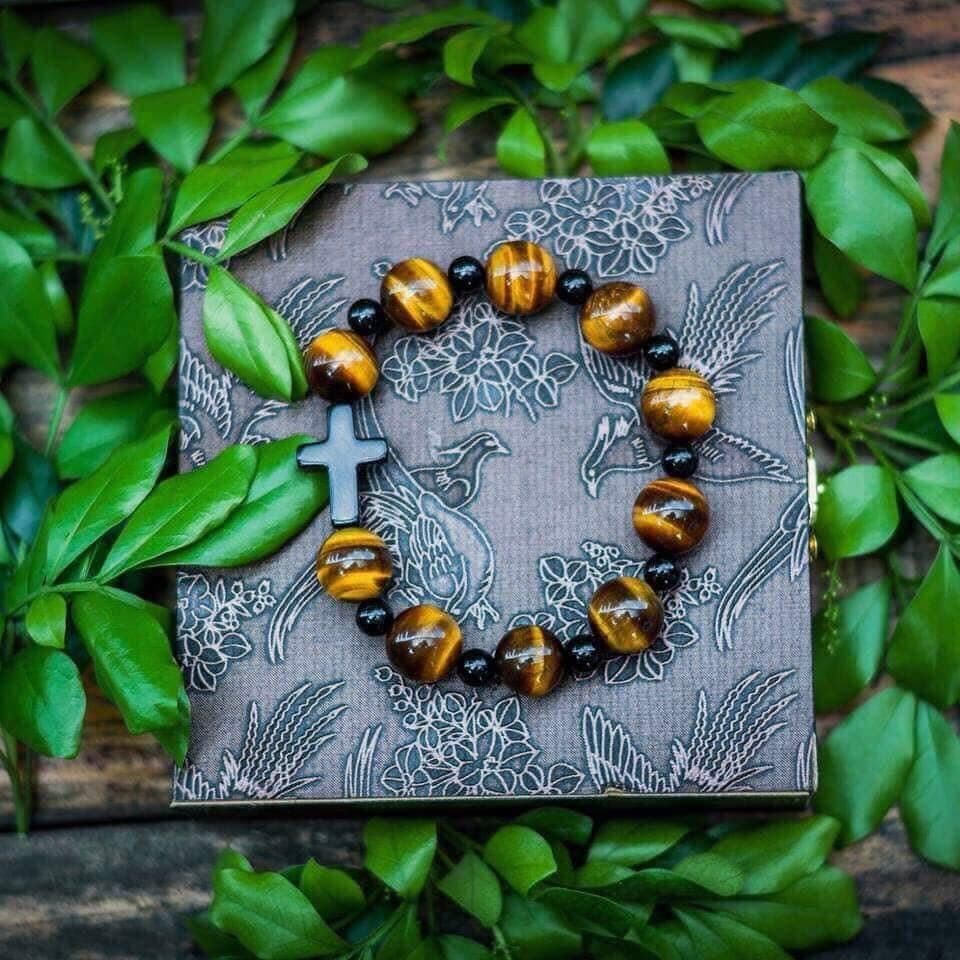 Rose Red Beaded Cross Bracelet with rose-red beads and cross accent
