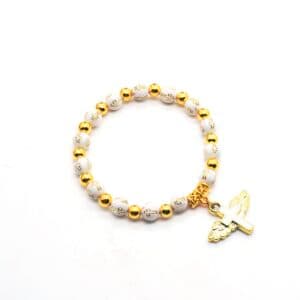 Angel Cross Baptism Bracelet with rose bead accents and faith-inspired motifs