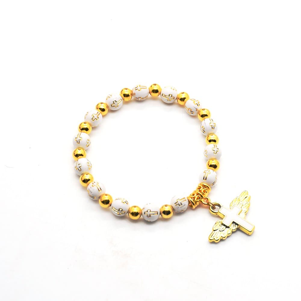 Angel Cross Baptism Bracelet with rose bead accents and faith-inspired motifs