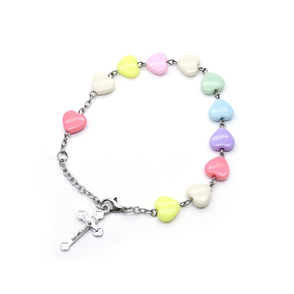 Heart Cross Rosary Bracelet with colorful baptism-themed details