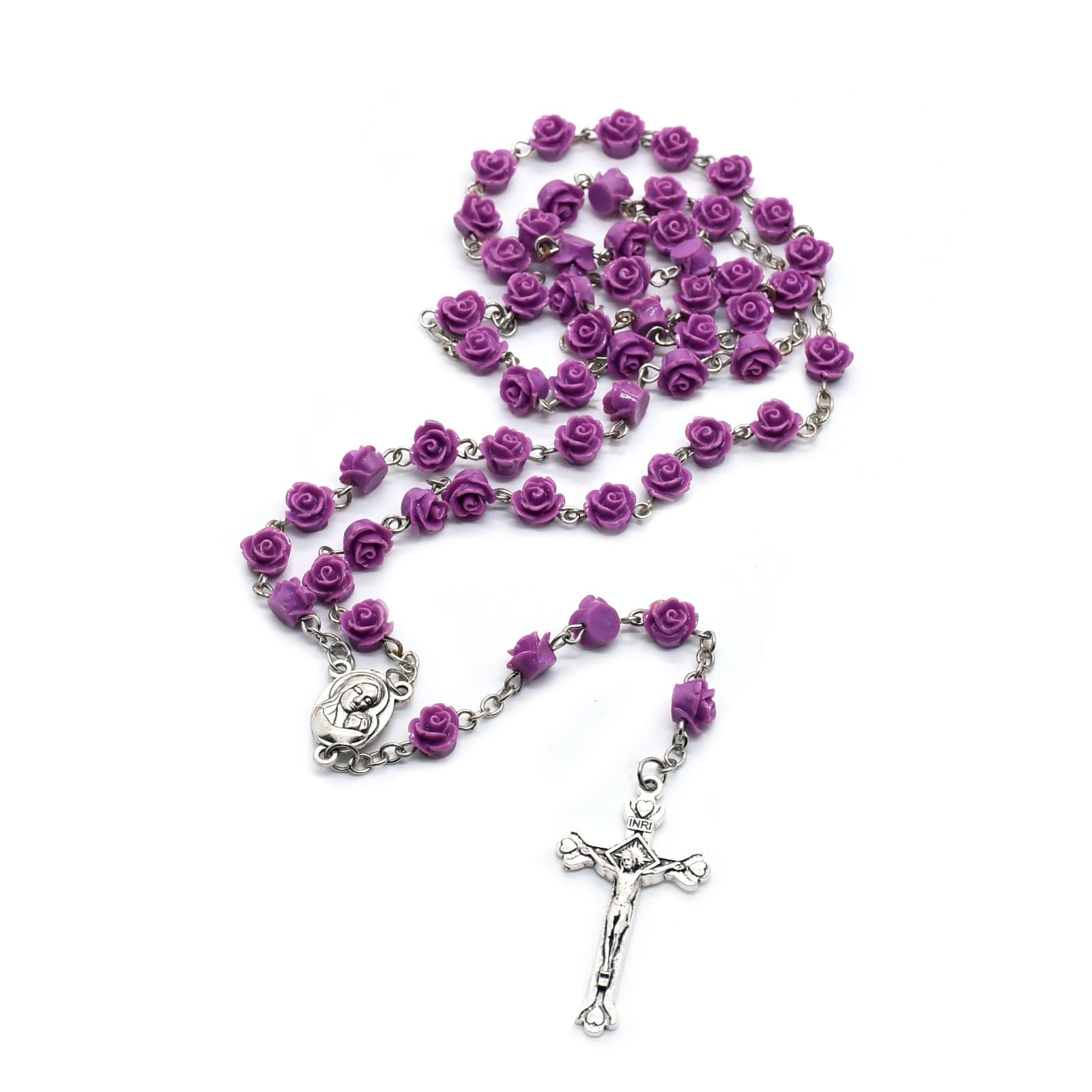 Purple Rose Rosary Necklace with violet-toned beads, rose accents, and a Mary cross