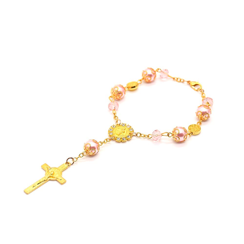 Six-Color Sparkle Cross Rosary Bracelet with a curved-pin detail