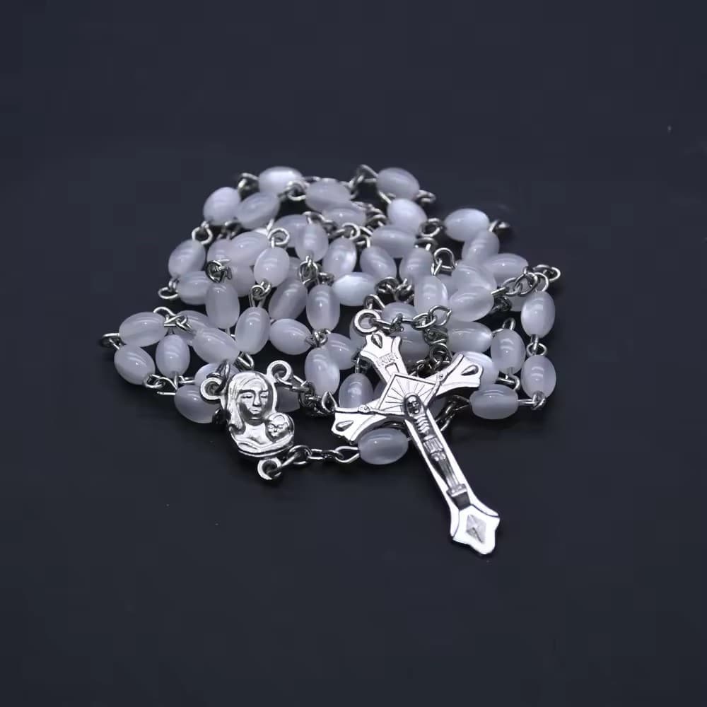 Rice Bead Cross Rosary Necklace with rice-shaped beads and cross accent