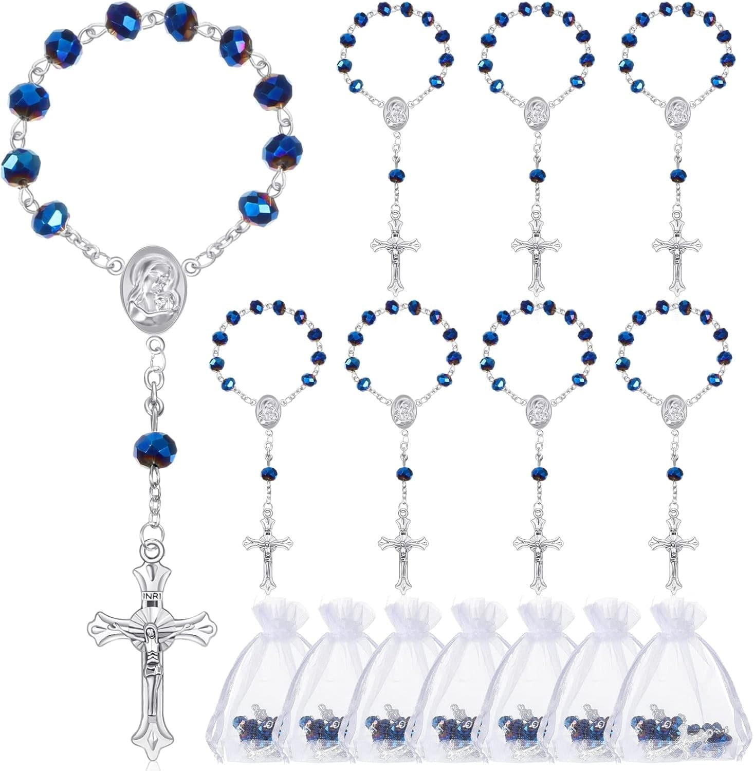Blue Cross Rose Rosary Bracelet with beaded styling and rose detail