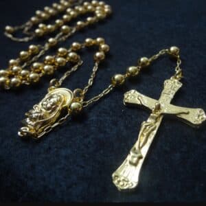 Gold Tone Rosary Cross Necklace with bead-chain detailing and cross centerpiece