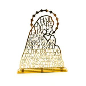 Virgin Mary Tabletop Statue with scripture detail for a religious display