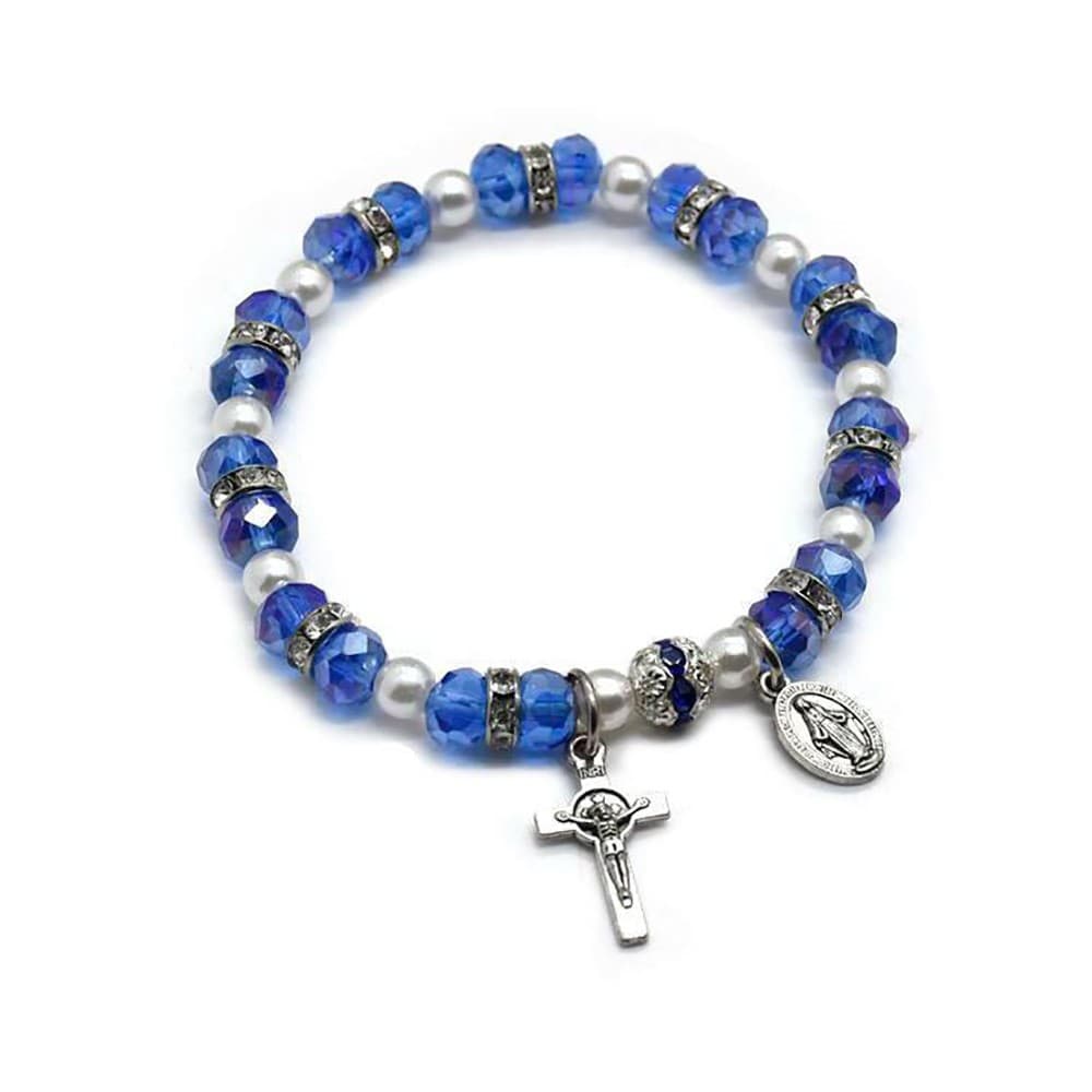 Sky Blue Cross and Virgin Mary Beaded Bracelet with symbolic religious charms