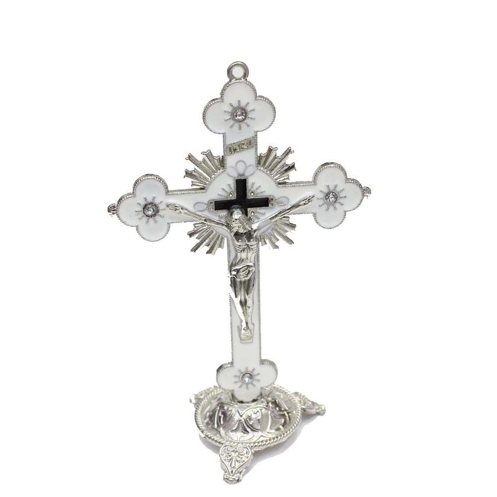 White Plum Blossom Cross Tabletop Statue for a devotional home display