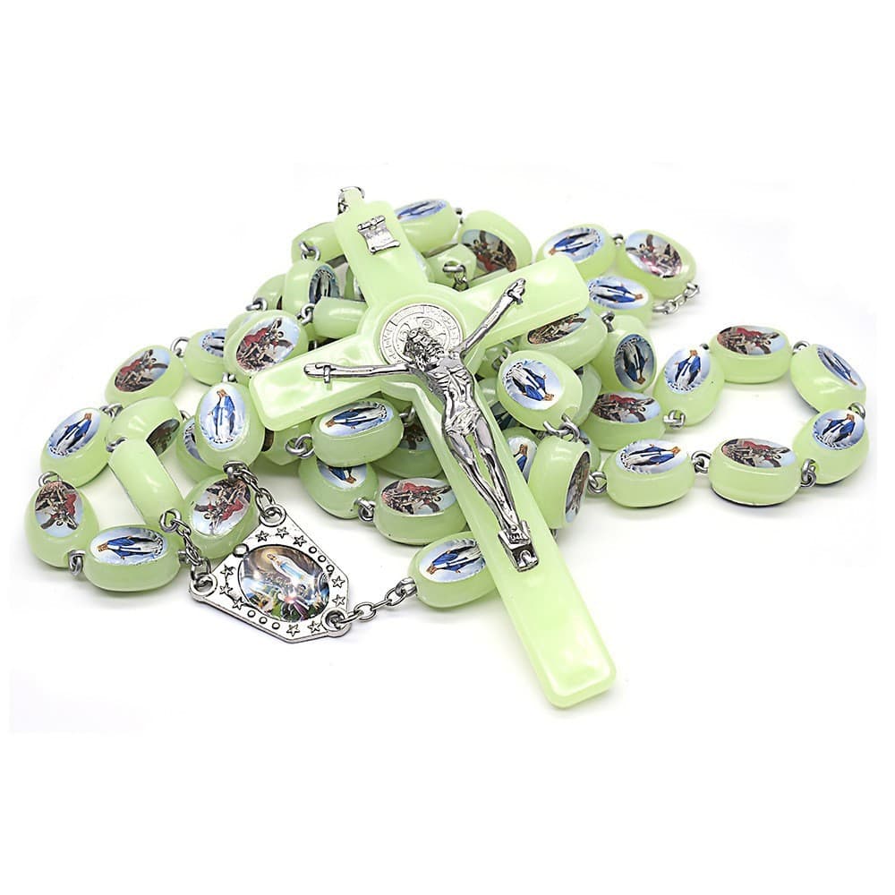 Luminous Wall Rosary Cross with Virgin and angel decorative details