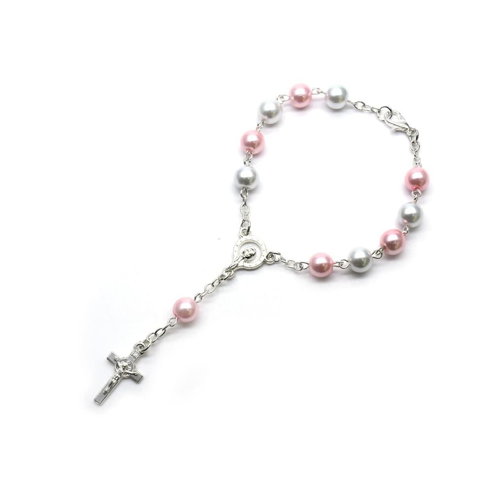 Cross Rosary Baptism Bracelet with cross detail and rosary-style beads