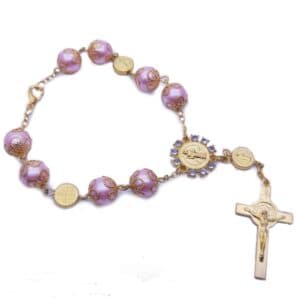 Pink and Blue Saint Benedict Rosary Bracelet with flower-inspired accents