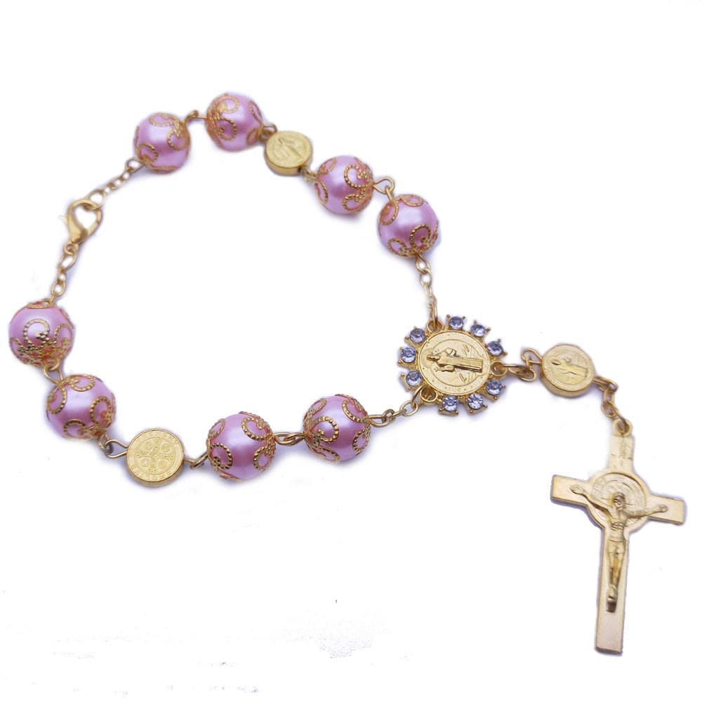 Pink and Blue Saint Benedict Rosary Bracelet with flower-inspired accents