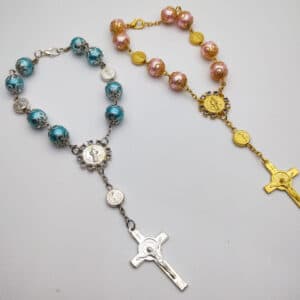 Pink and Blue Saint Benedict Rosary Bracelet with Flower Accents, Bracelets product image 2